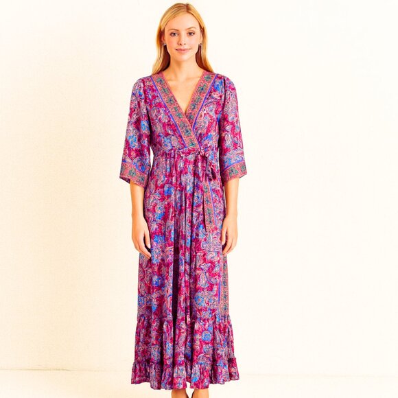 Anthropologie Me 2 Magic Magenta Silky Floral Paisley Boho Maxi L - Picture 1 of 9